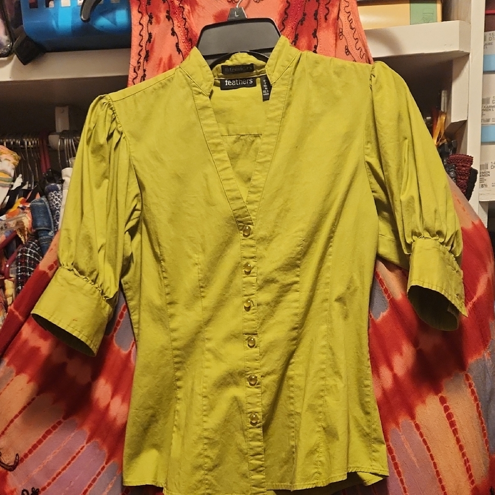 Feathers Yellow Green 3/4 Sleeve Fitted Blouse with Mandarin Collar